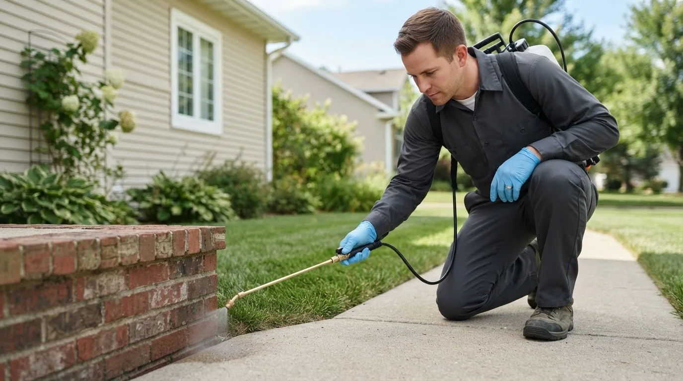Pest control technician treating a home near Spokane, WA